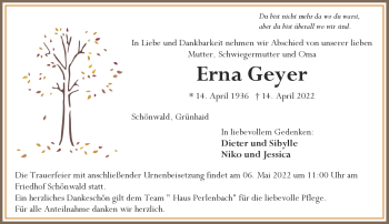 Traueranzeige von Erna Geyer von Frankenpost