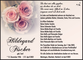 Traueranzeige von Hildegard Fischer von Südthüringer Presse