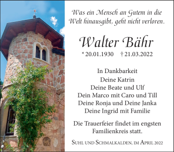 Traueranzeige von Walter Bähr von Südthüringer Presse