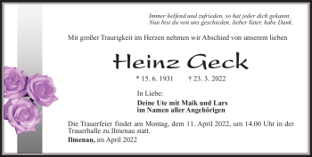 Traueranzeige von Heinz Geck von Südthüringer Presse