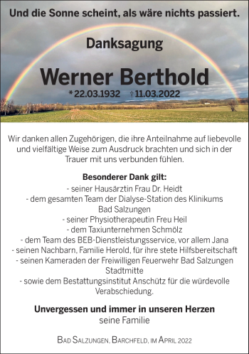 Traueranzeige von Werner Berthold von Südthüringer Presse