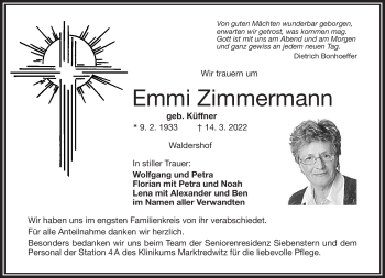 Traueranzeige von Emmi Zimmermann von Frankenpost