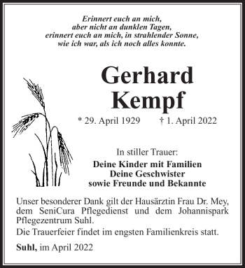Traueranzeige von Gerhard Kempf von Südthüringer Presse