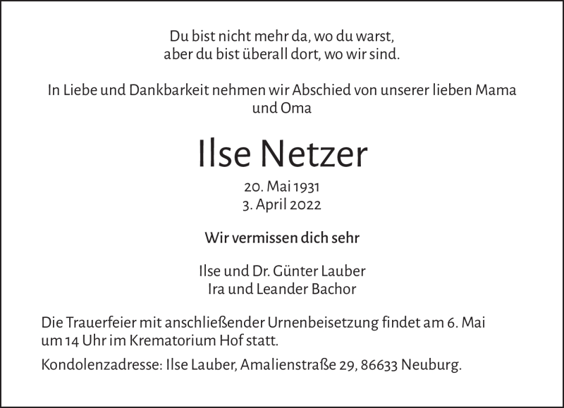  Traueranzeige für Ilse Netzer vom 23.04.2022 aus Frankenpost