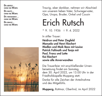 Traueranzeige von Erich Rutsch von Südthüringer Presse