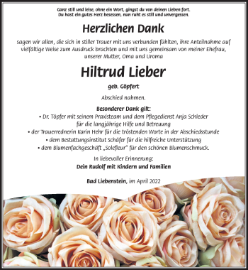 Traueranzeige von Hiltrud Lieber von Südthüringer Presse