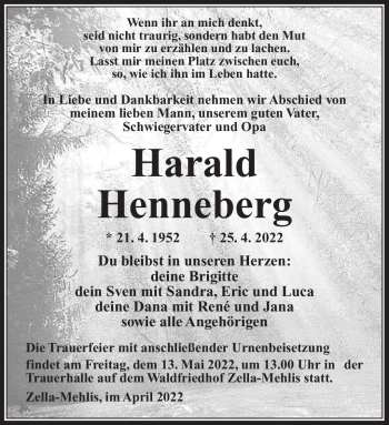 Traueranzeige von Harald Henneberg von Südthüringer Presse