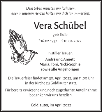 Traueranzeige von Vera Schübel von Südthüringer Presse