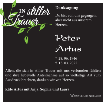 Traueranzeige von Peter Artus von Südthüringer Presse