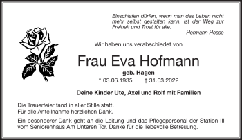 Traueranzeige von Eva Hofmann von Frankenpost