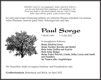Traueranzeige von Paul Sorge von Südthüringer Presse