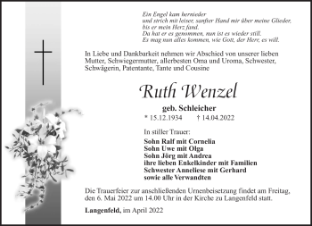 Traueranzeige von Ruth Wenzel von Südthüringer Presse