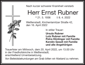Traueranzeige von Ernst Rubner von Frankenpost
