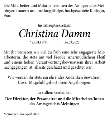 Traueranzeige von Christina Damm von Südthüringer Presse