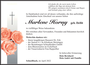 Traueranzeige von Marlene Horny von Südthüringer Presse