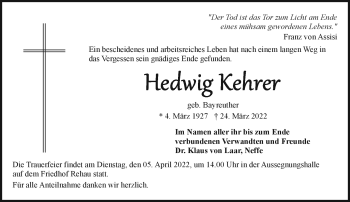 Traueranzeige von Hedwig Kehrer von Frankenpost