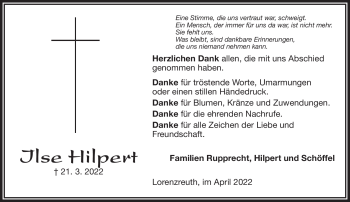 Traueranzeige von Ilse Hilpert von Frankenpost