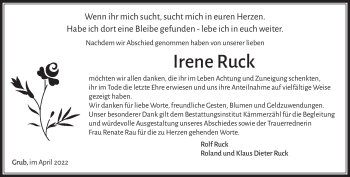 Traueranzeige von Irene Ruck von Südthüringer Presse