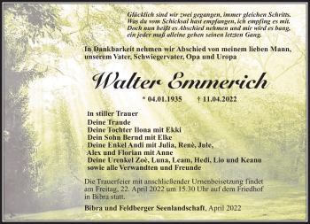 Traueranzeige von Walter Emmerich von Südthüringer Presse