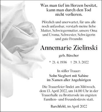 Traueranzeige von Zielinski Annemarie von Südthüringer Presse