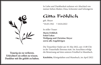 Traueranzeige von Gitta Fröhlich von Südthüringer Presse