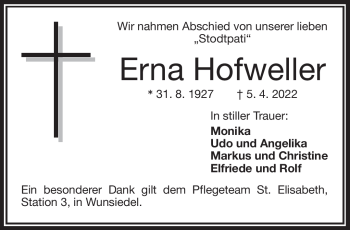 Traueranzeige von Erna Hofweller von Frankenpost