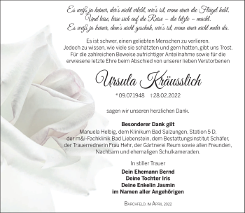 Traueranzeige von Ursula Kräusslich von Südthüringer Presse