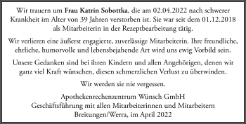Traueranzeige von Katrin Sobottka von Südthüringer Presse