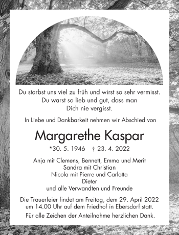 Traueranzeige von Margarethe Kaspar von Neue Presse Coburg