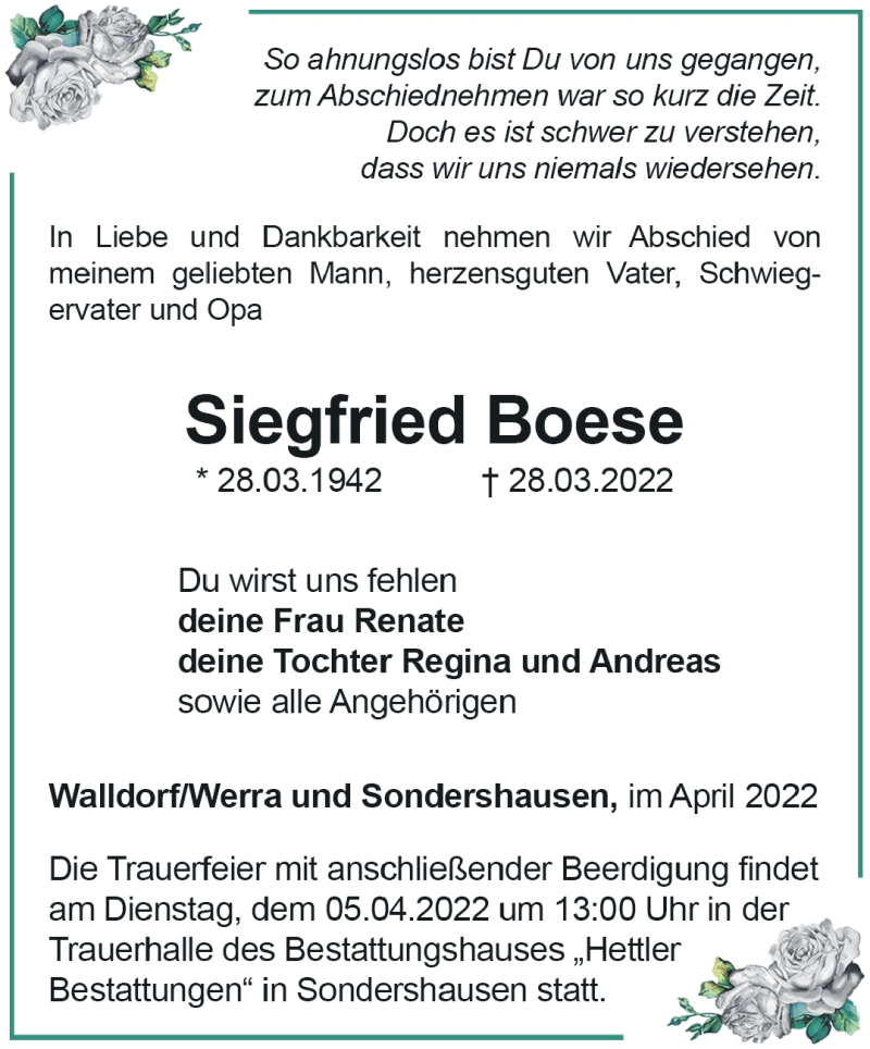  Traueranzeige für Siegfried Boese vom 02.04.2022 aus Südthüringer Presse