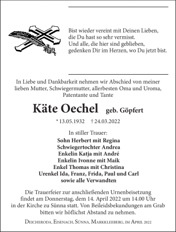 Traueranzeige von Käte Oechel von Südthüringer Presse