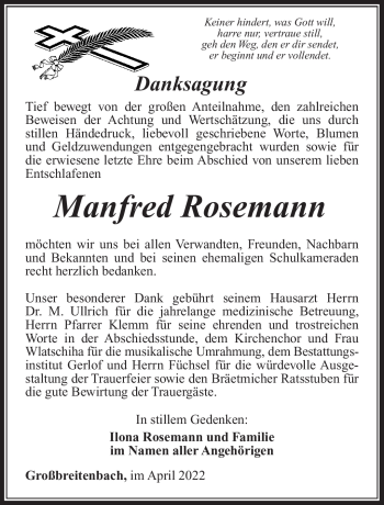 Traueranzeige von Manfred Rosemann von Südthüringer Presse