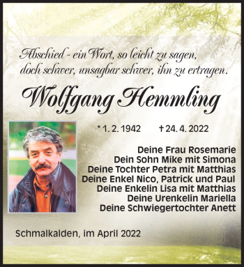 Traueranzeige von Wolfgang Hemmling von Südthüringer Presse