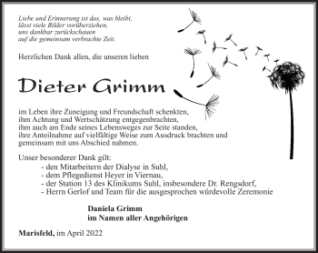 Traueranzeige von Dieter Grimm von Südthüringer Presse