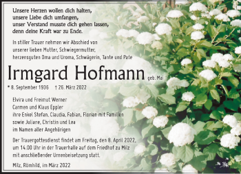 Traueranzeige von Irmgard Hofmann von Südthüringer Presse