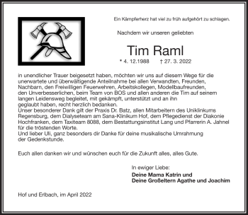 Traueranzeige von Tim Raml von Frankenpost