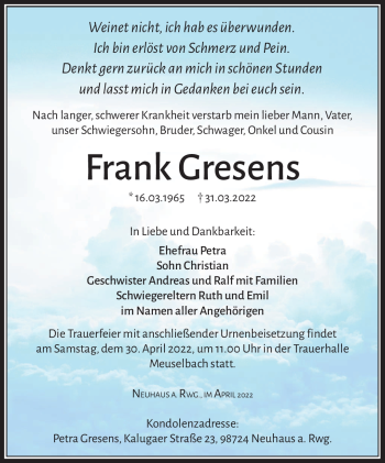 Traueranzeige von Frank Gresens von Südthüringer Presse