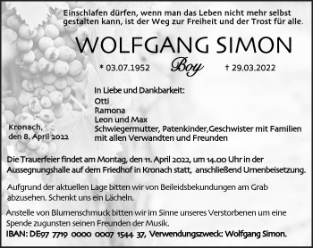 Traueranzeige von Wolfgang Simon von Neue Presse Coburg