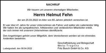 Traueranzeige von Helmut Fehn von Neue Presse Coburg