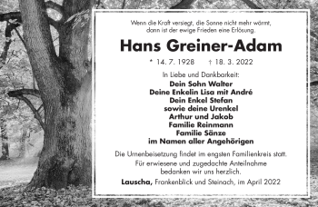 Traueranzeige von Hans Greiner-Adam von Südthüringer Presse