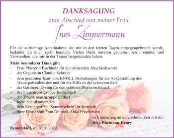 Traueranzeige von Ines Zimmermann von Südthüringer Presse