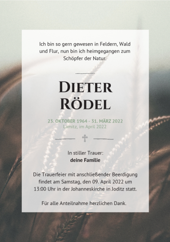 Traueranzeige von Dieter Rödel von Frankenpost