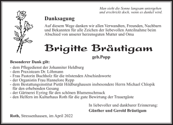 Traueranzeige von Brigitte Bräutigam von Südthüringer Presse