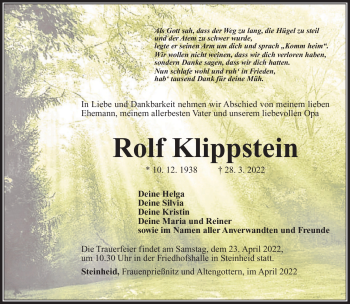 Traueranzeige von Rolf Klippstein von Südthüringer Presse