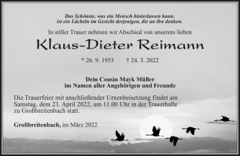 Traueranzeige von Klaus-Dieter Reimann von Südthüringer Presse