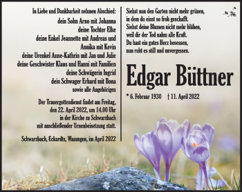 Traueranzeige von Edgar Büttner von Südthüringer Presse