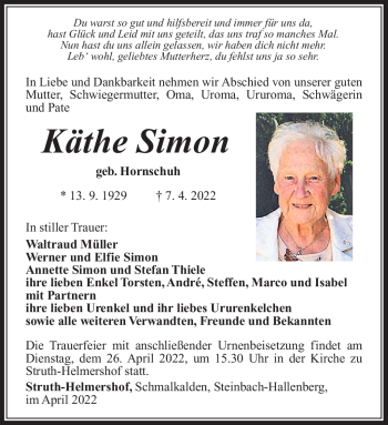 Traueranzeige von Käthe Simon von Südthüringer Presse