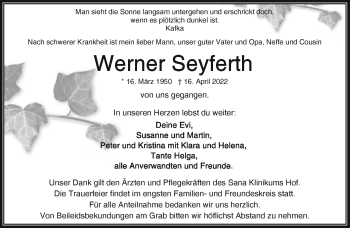 Traueranzeige von Werner Seyferth von Frankenpost