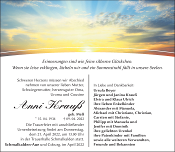 Traueranzeige von Anni Krauß von Südthüringer Presse