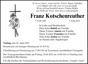 Traueranzeige von Franz Kotschenreuther von Neue Presse Coburg